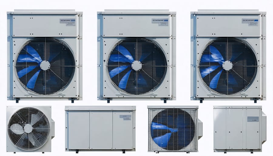 Modern ERV home ventilation system mounted on ceiling with ductwork in residential basement