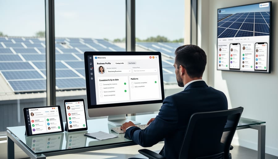 Laptop displaying business directory profile with smartphone showing matching information