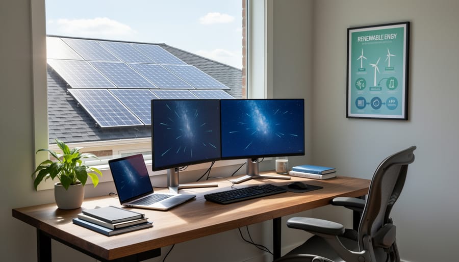 Home office with computer equipment and solar panels visible through window