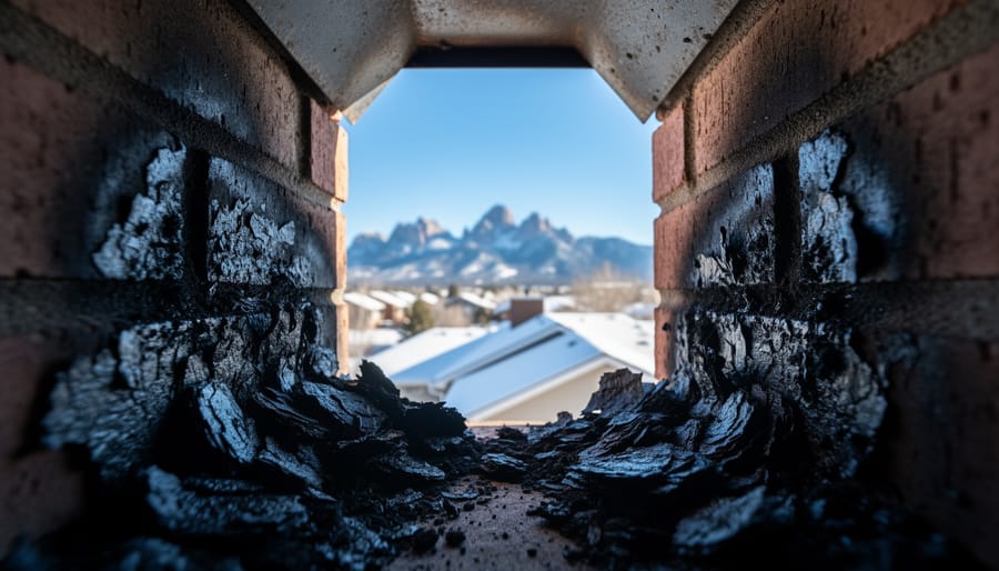 Interior of fireplace showing dangerous creosote buildup on brick walls