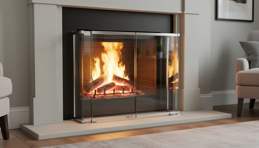 Glass doors installed on brick fireplace with fire burning behind them