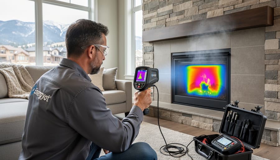 Energy auditor conducting thermal imaging inspection of residential fireplace