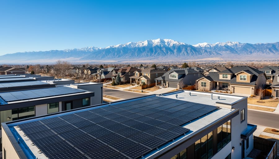 Solar panels on Denver home rooftop with Rocky Mountains in background