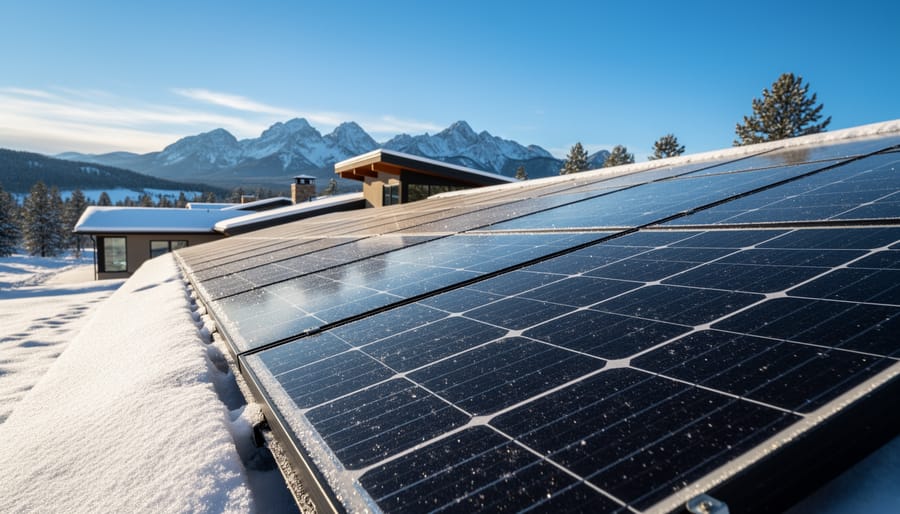 Close-up of premium solar panel cells with snow on edges