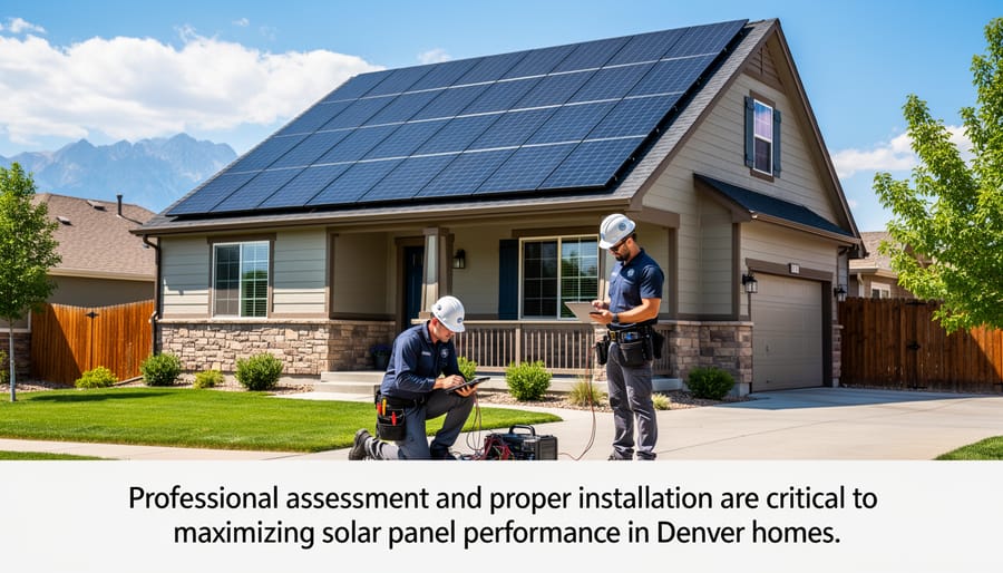 Solar installer measuring energy output with digital meter at residential installation