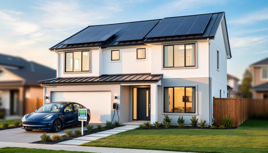 Home exterior with rooftop solar panels and a modern entryway in warm evening light