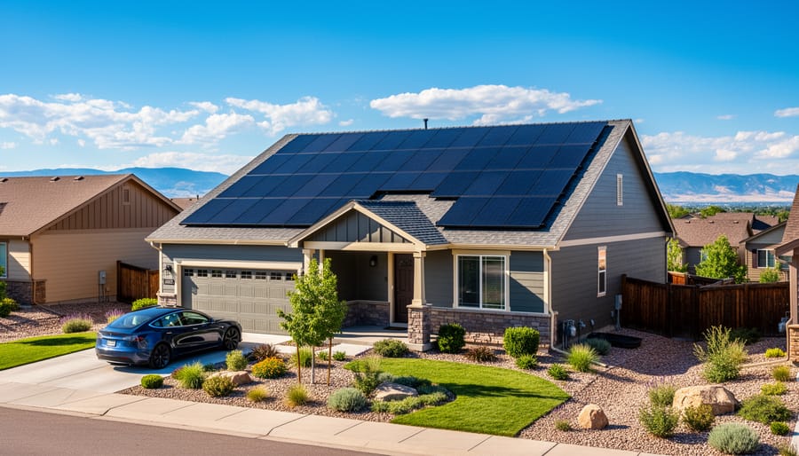 Modern Colorado home with rooftop solar panels under golden hour sunlight