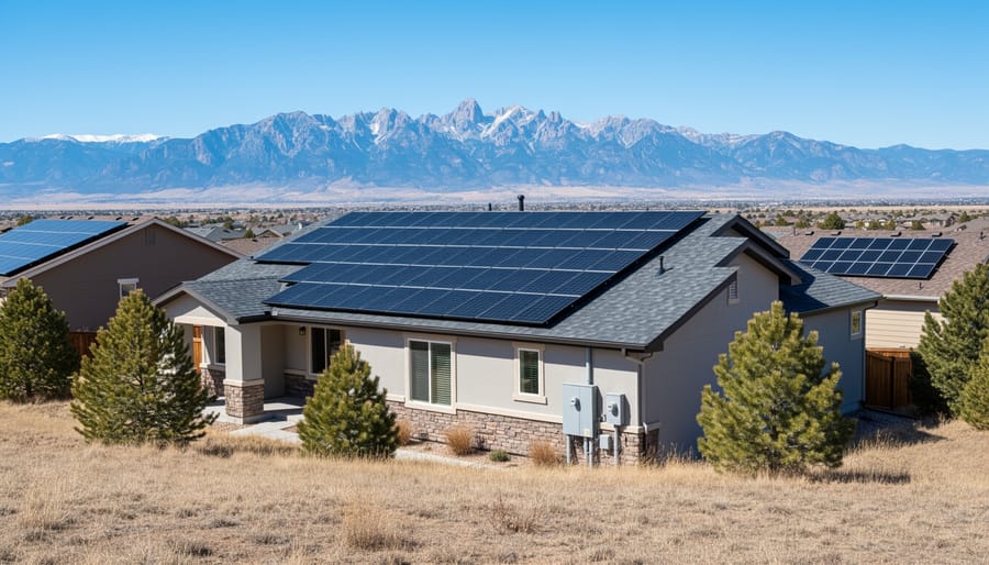 Low-angle view of rooftop solar panels absorbing bright sunlight