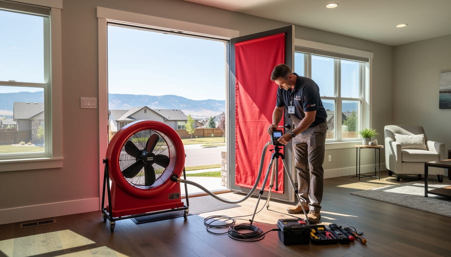 Energy auditor using a blower-door fan inside a Colorado home during an energy assessment.