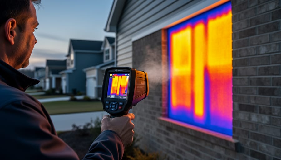 Technician using a handheld thermal imaging camera to inspect a home wall during an energy audit.