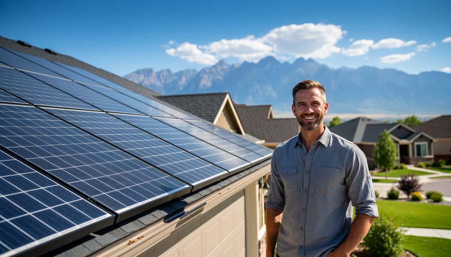Colorado homeowner standing beside rooftop solar panels on a residential home
