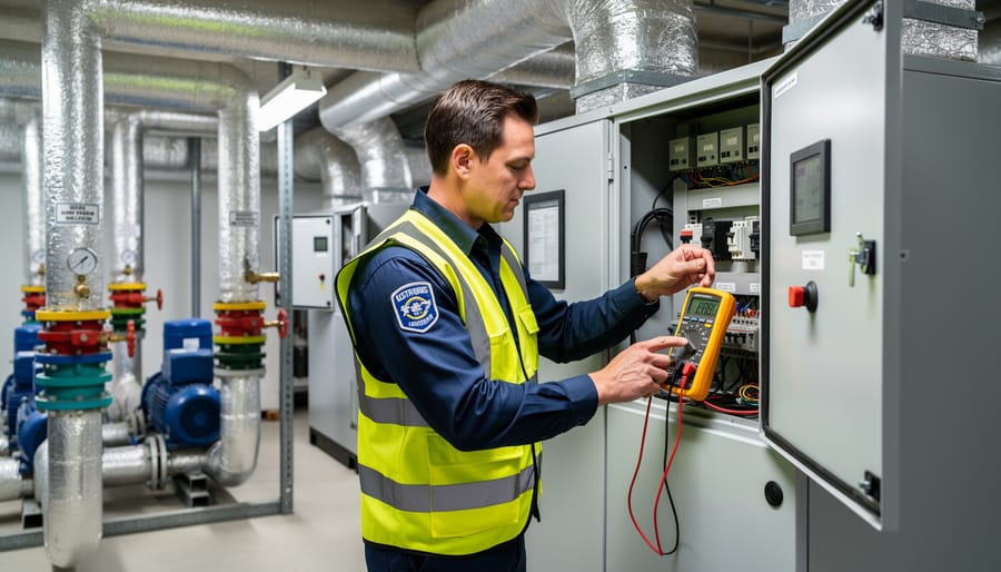 Technician inspecting HVAC equipment in a commercial building mechanical room
