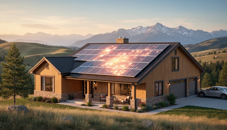 Sunlit residential rooftop solar panels on a Colorado home during golden hour