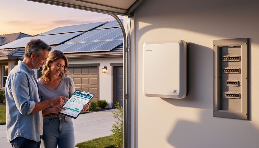 Home solar battery storage unit installed beside a garage with homeowner interaction