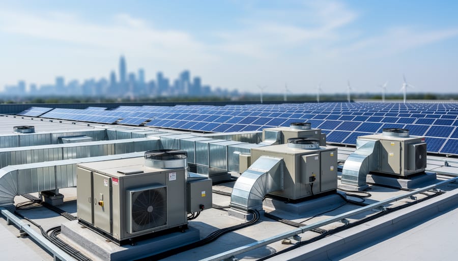 Facilities manager checking rooftop solar and mechanical equipment at dusk