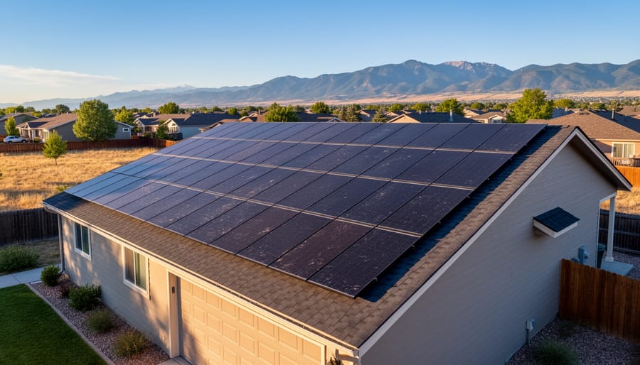 Solar panels installed on a residential rooftop in Denver with sunlight reflecting off the panels.