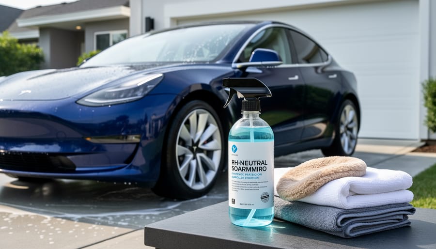 Microfiber car wash mitt and towels with two buckets of wash and rinse water beside a washed electric vehicle fender.