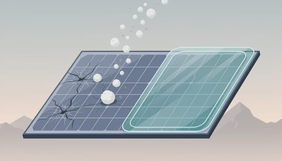 Close-up of a solar panel surface showing hail-related pitting and debris-like marks on the glass.