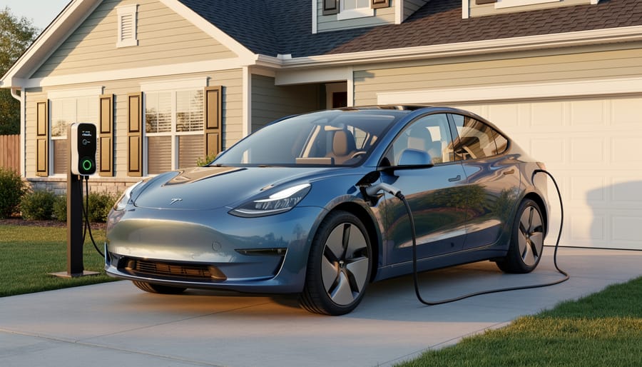 Silver electric vehicle parked at a home driveway with a charging cable connected to the charging port.