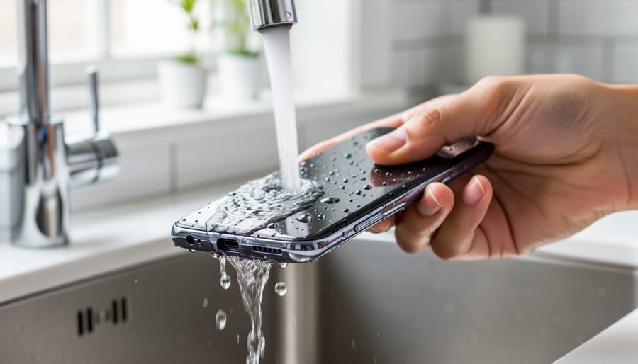 Hands rinsing an electric vehicle’s side panel with a gentle water stream to avoid the charging area.