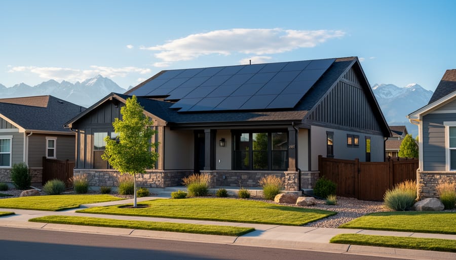 Solar panels mounted on a Colorado home roof with mountain scenery in the background.