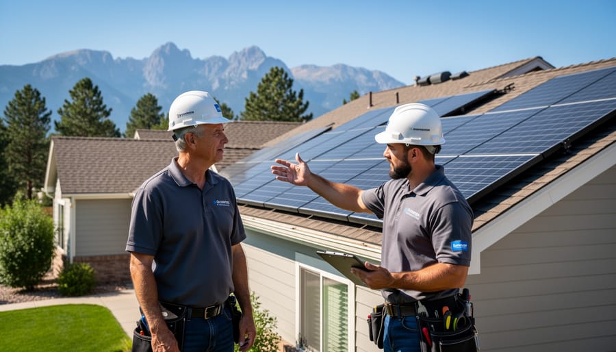 Homeowner and solar installer discussing solar panels near a ladder on a house roof.
