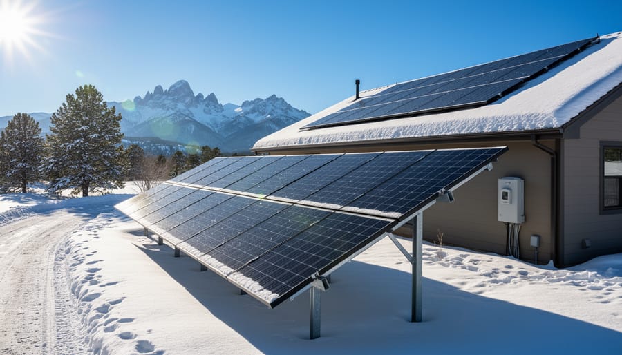 Snow-dusted solar panels on a Colorado home roof catching winter sunlight.